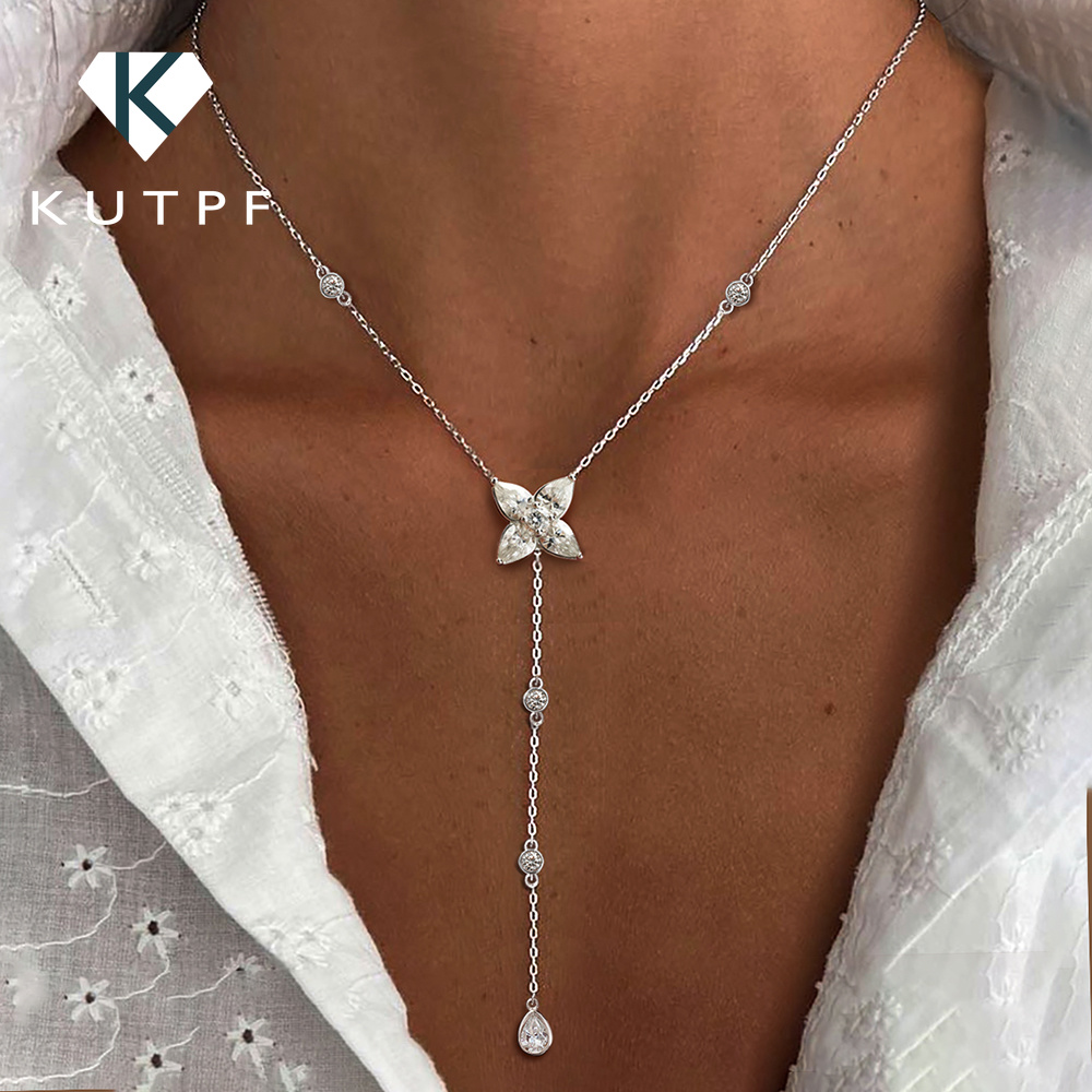 Bezels Set Pendant - Birnenförmiger/Runder Moissanit-Anhänger mit Lariat-Design, S925 Silber