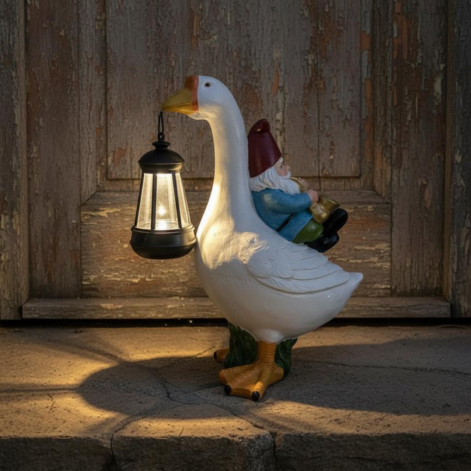 Resin Crafts - Gartenzwerg auf Gans Statue Wetterfeste Gans-Solarlampe